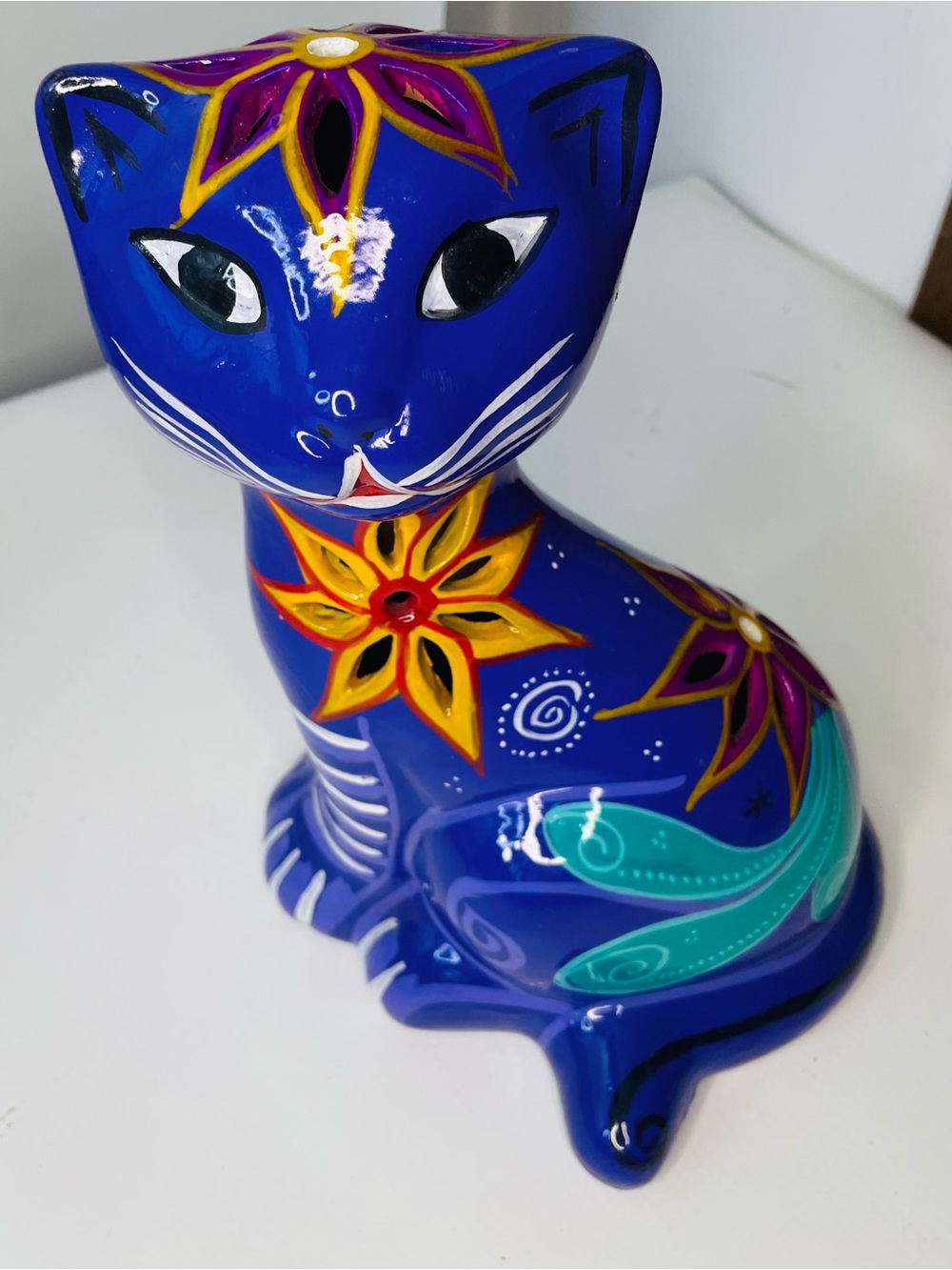 Purple Decorative Cat Figurine - Hand-Painted Floral Design Mexican Folk Art 9”